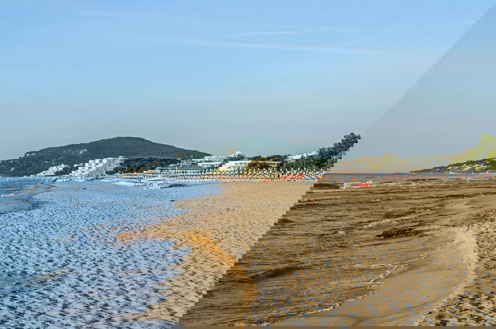One of the best beaches in Bulgaria, this sandy beach is Albena, Bulgaria with golden sands, blue clear water, hotels.